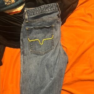 Kimes Ranch Blue and Yellow Straight Jeans with Distinctive Stitching